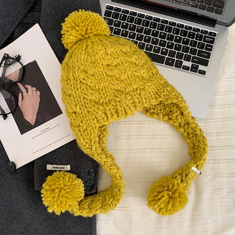 

Korean Ins Style Thick Thread Hand Knitted Woolen Hat Women Blue Warm Cold Resistant Skiing Wool Ball Ear Protection Average size 55-59cm жёлтый