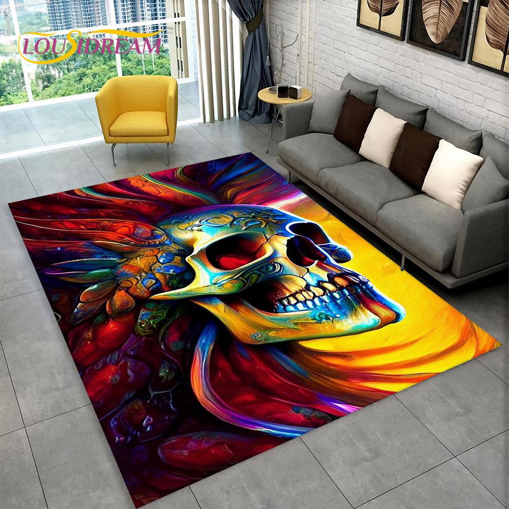 3D Gothic Horror Indian Skull Area Rug,Carpet Rug for Home Living Room Bedroom Sofa Doormat Decor,Kitchen Non-slip Floor Mat