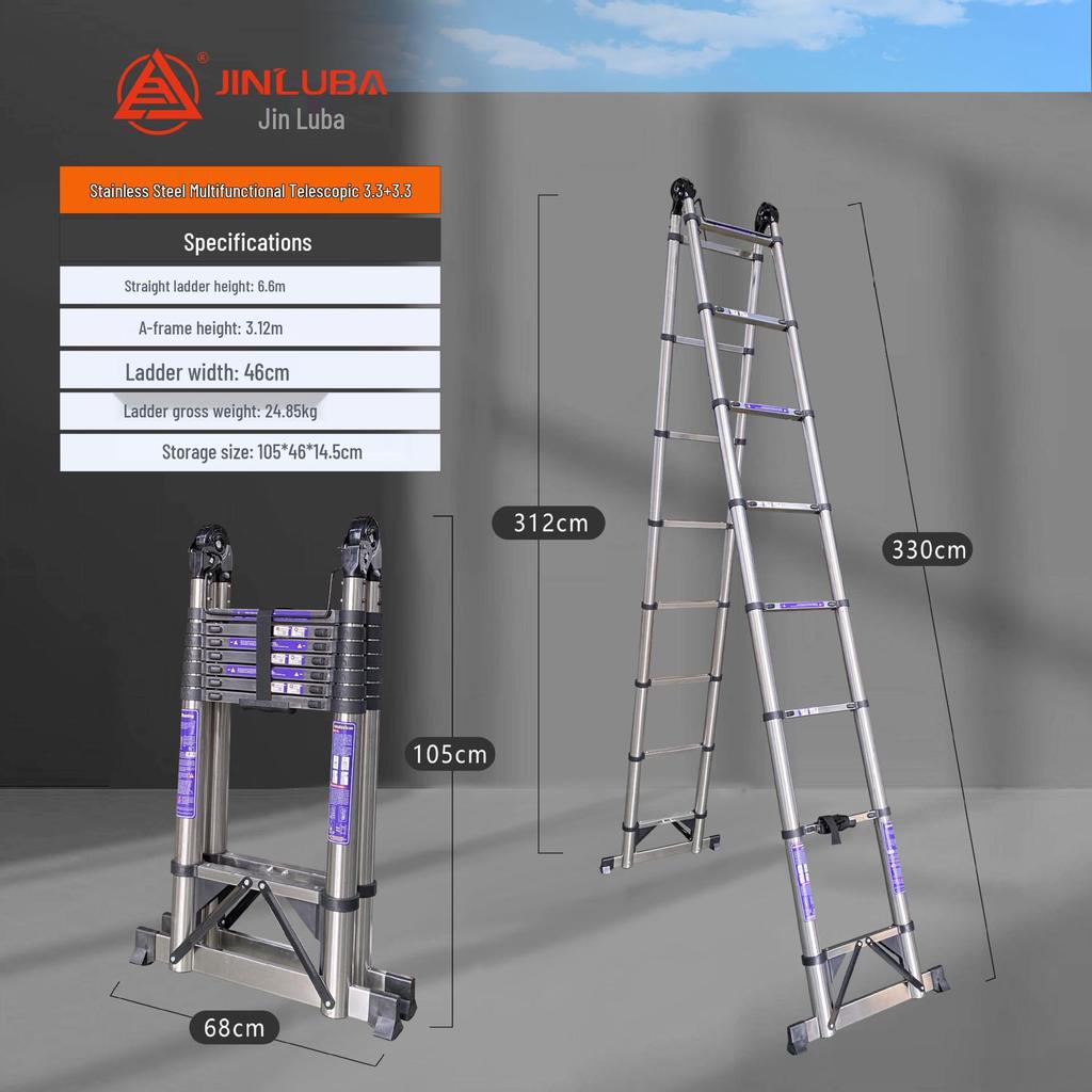 Jinluba Aluminum Telescopic A-Frame Ladder - Thickened, Stainless Steel, Bamboo Joint, for Household & Engineering Use