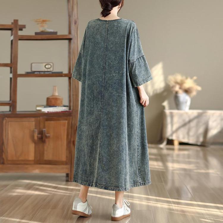 Plus Size Denim Dress Vintage Loose Long Maxi Dress Women Casual Cotton Dresses Autumn