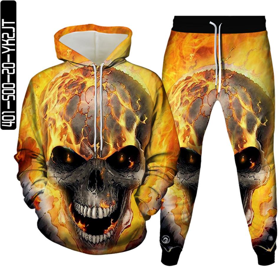 Conjuntos de chándal para hombre Hip Hop Punk Skull Fire Sudaderas con capucha impresas en 3D Pantalones para correr Traje de alta calidad para mujer Ropa de calle Tallas grandes S-6XL