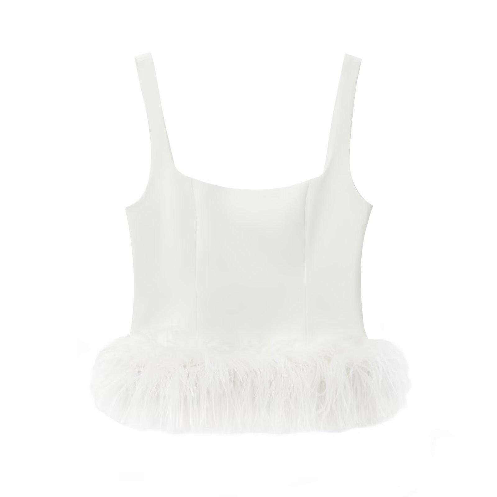 

2025 Spring Women s Sexy Slim-Fit Feather-Trim Camisole Small белый