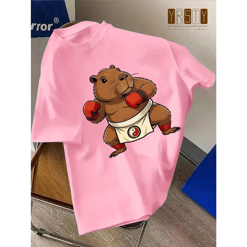 Kids Crewneck T-Shirt, Cartoon Capybara with Red Boxing Gloves Tai Chi Shorts Print