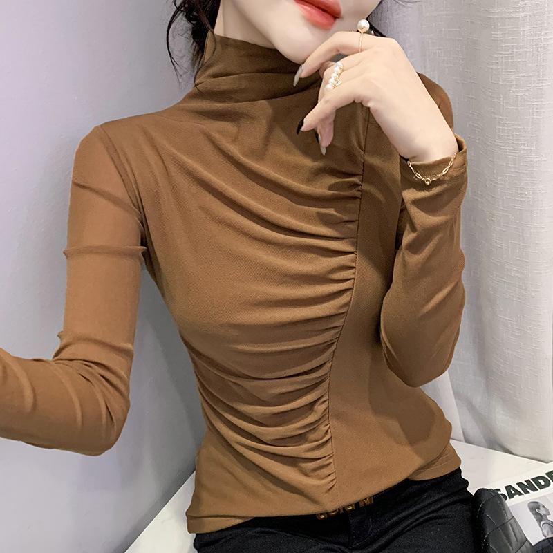 

Новая зимняя стильная футболка с длинным рукавом и полуворотником, плиссированная футболка для женщин, тонкая базовая рубашка 4XL