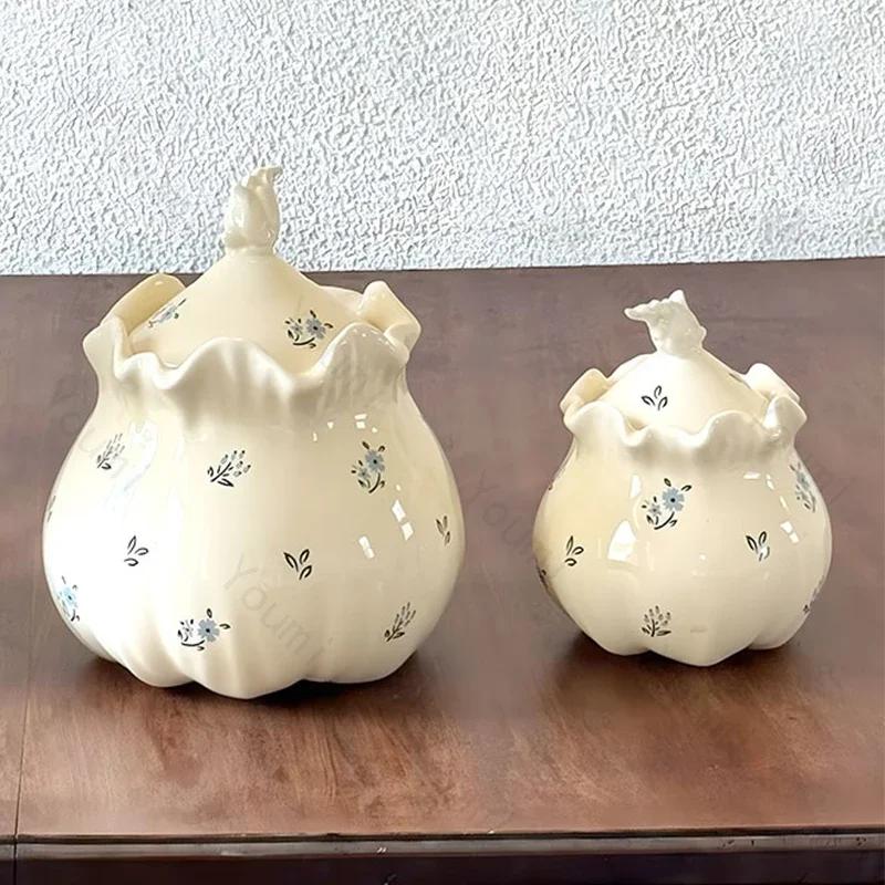 Exquisite Flowers Ceramic Jar Household Kitchen Desktop Storage Jar Decoration High End Restaurant Dining Table Vases Decoration