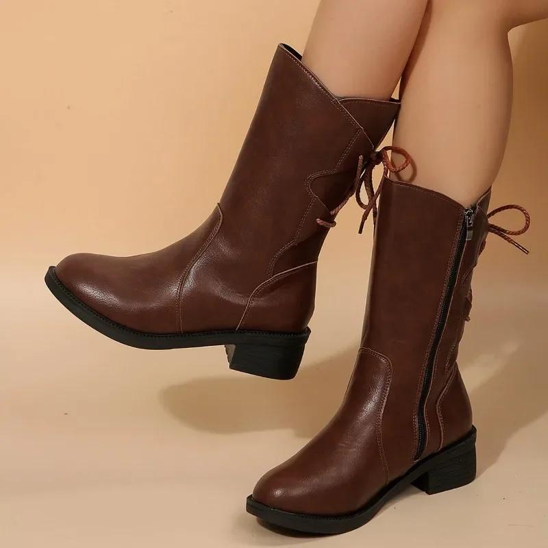 2024 High Quality Ladies Shoes Side Zipper Women's Boots Fashion Rear Lacing Modern Boots Women Winter Plus Size Mid-Calf Boots