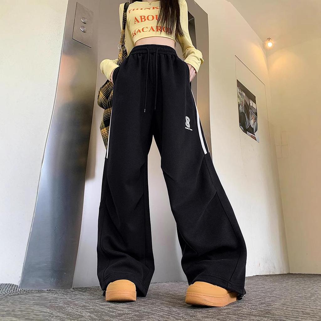 Women's Navy Three-Stripe Wide-Leg Track Pants - Spring/Autumn Casual Loose Fit