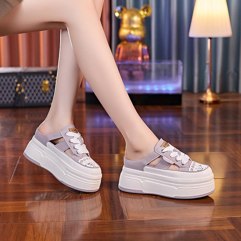 Half slippers women's 2025 summer new thick-soled versatile hollow leather fashion inner height increase bag head outer wear sandals women