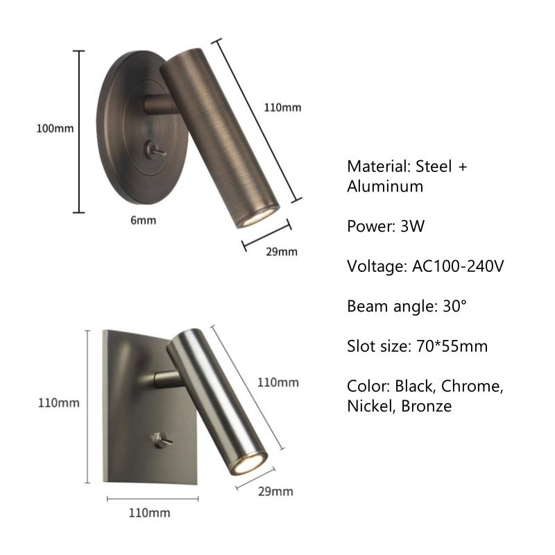 Embedded LED Wall Lamp with Switch Adjustable Hotel Bedroom Headboard Reading Light Bedside Sconce Spotlight Fixture AC100-220V