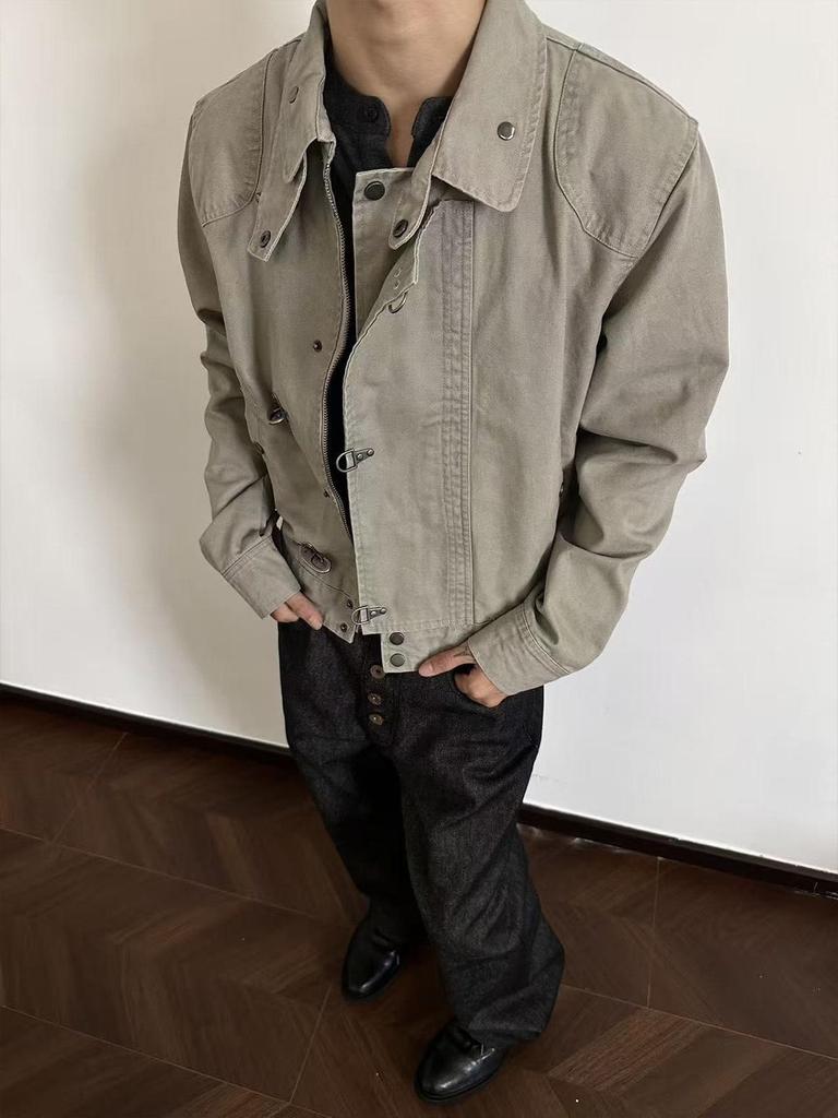 EME Retro Distressed Patchwork Airplane Buckle Jacket Unisex Short Coat
