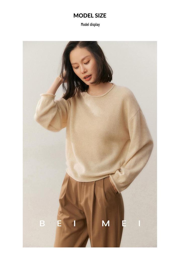 Women's Cashmere Rolled Hem Round Neck Sweater - 2025 Autumn/Winter Collection, Loose Fit and Slimming Pullover.