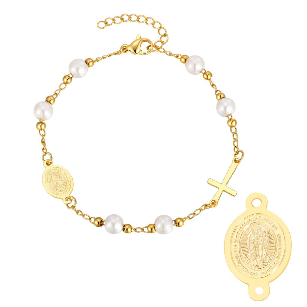 Holy Stainless Steel Cross Benedict Virgin Bracelet,Women's Gold Plated Beaded Chain Bracelets,Trendy Jewelry Gifts