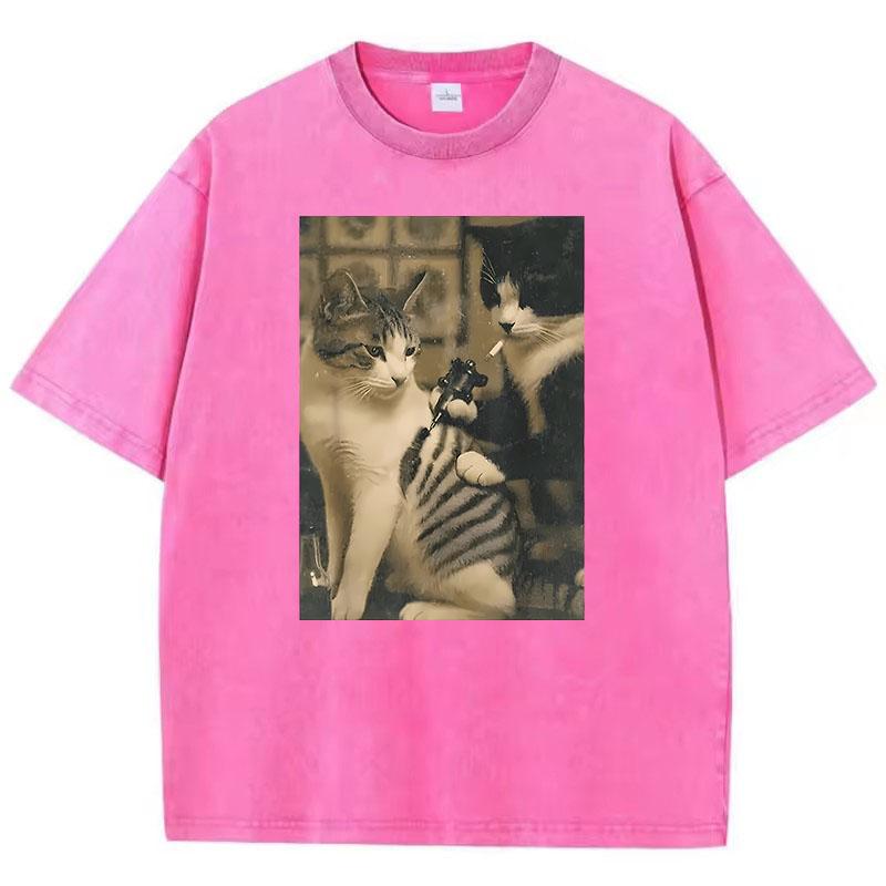 Gewassen Katoenen T-shirt Retro Rokende Kat Ontwerp Geprint Grafisch T-shirt Casual Streetwear Lente Zomer T-shirt Vintage