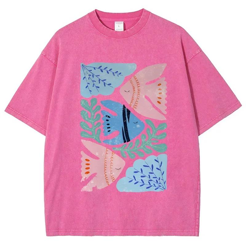 Cartoon Minimalist Feng Shui Grass Small Fish Print  T-Shirt Washed Loose Oversized Short Sleeve Vintage Casual