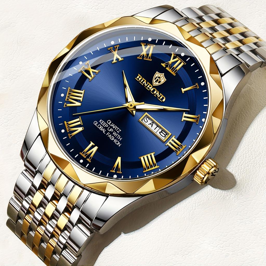 BINBOND Quartz Male Wristwatch Waterproof Luminous Date Week Watch for Men Stainless Steel Fashion Men's Watches Business Watch Casual Male Clock