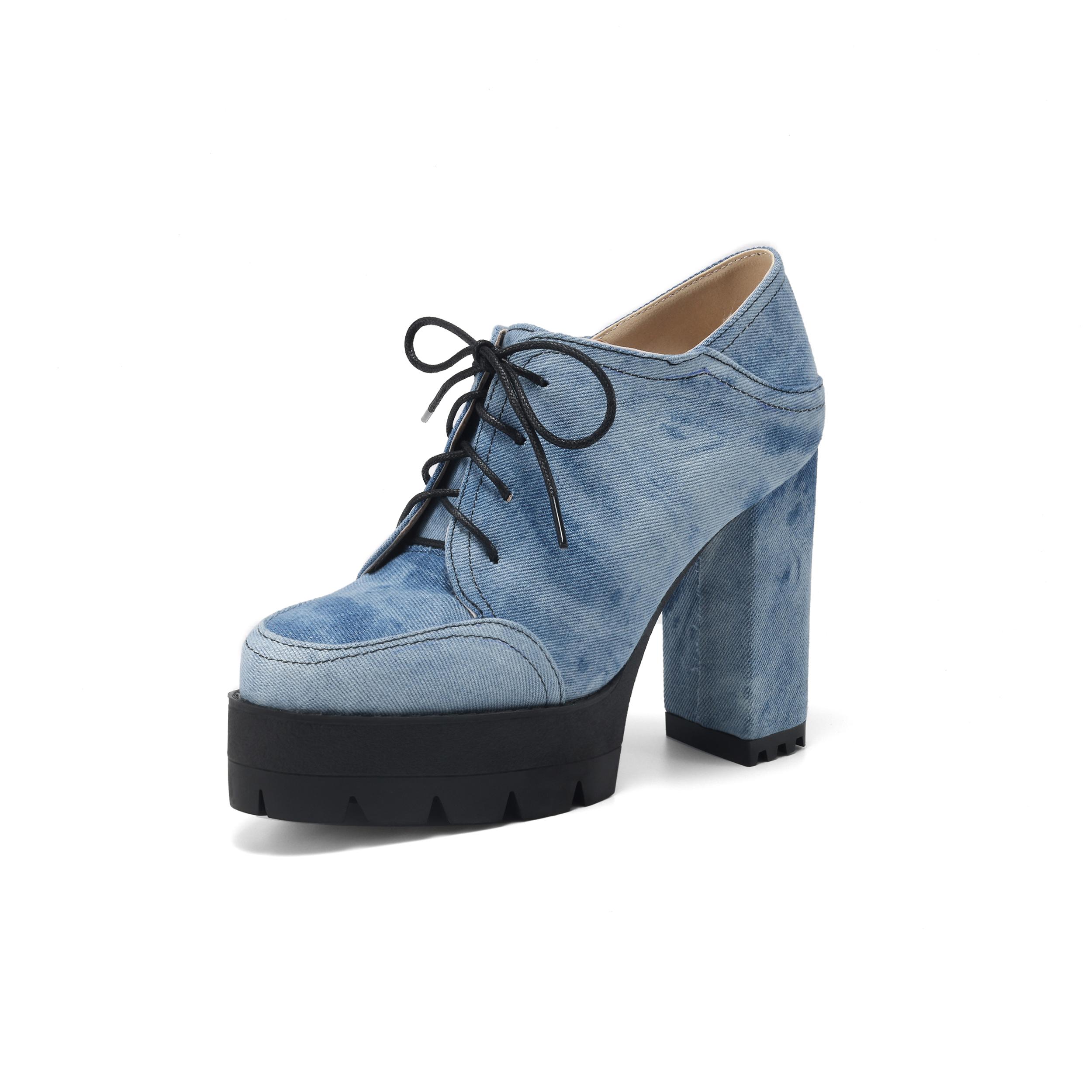 

Women s high-heeled single shoes spring and summer European and American wind waterproof table thick heel large size lace-up low-top four-season shoes 34 синій