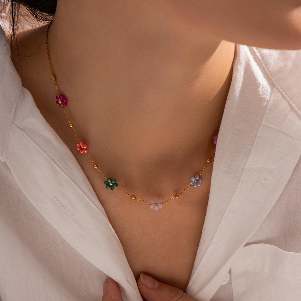  Fashion Cute Colorful Resin Daisy Floral Design Jewelry Stainless Steel Chain Necklace Bracelet Women Daily Wearing