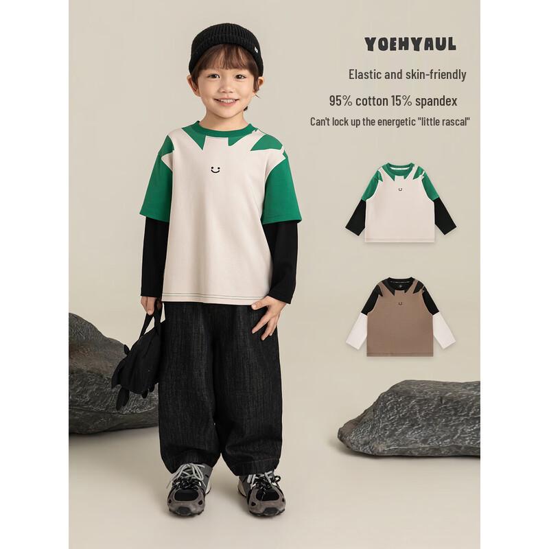 Youyou Boys' Color-Block Fake Two-Piece Cartoon Long Sleeve T-Shirt
