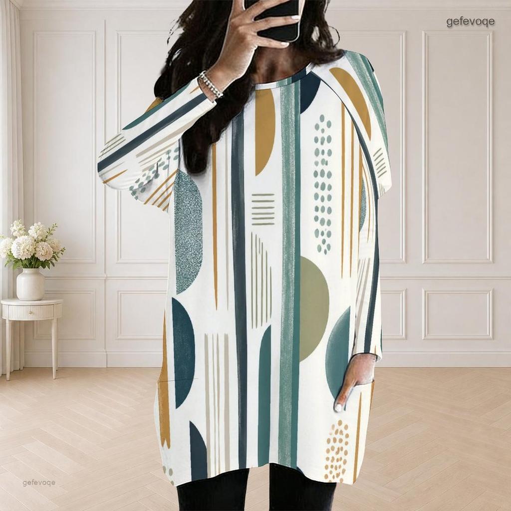 Women Plus Size Round Neck Long Sleeve Pink Black Geometric Printed Loose Longline Top With Pockets