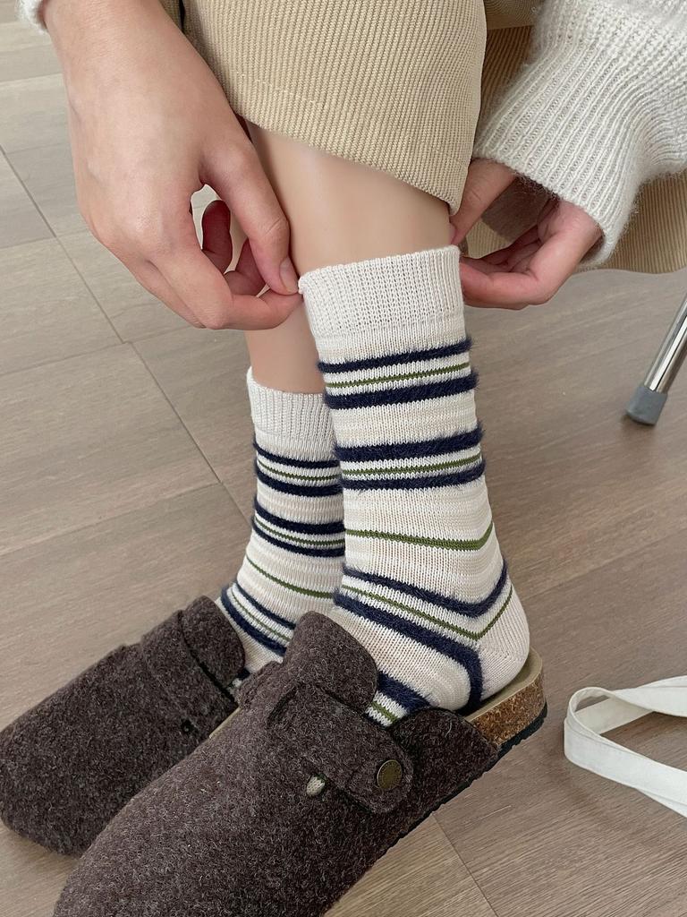 Thick Line Striped Color Blocking Contrast Imitation Mink Furry Socks Sweet Season Warm Socks