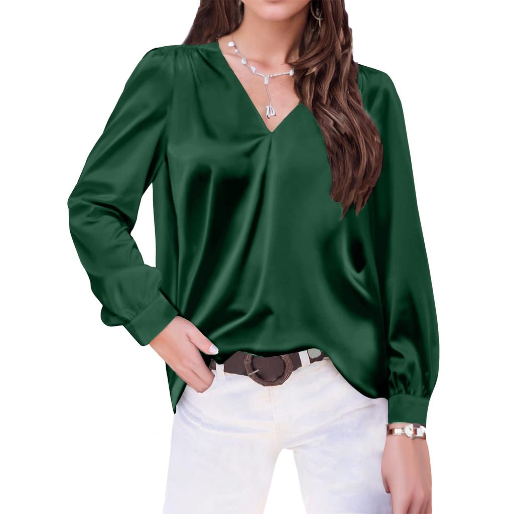 Women's V,Neck Casual Loose Satin Ruched Long Sleeve Work Blouse