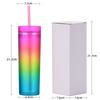 16oz Gradient Rainbow Skinny Plastikowy Kubek Na Wodę Butelki Prosty Kubek Dwuwarstwowy Tęczowy Gradient Kubek Ze Słomką