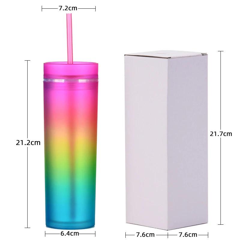 16oz Gradient Rainbow Skinny Tumbler din plastic Sticle de apă Cupă dreaptă, cu două straturi, Curcubeu, cu paie
