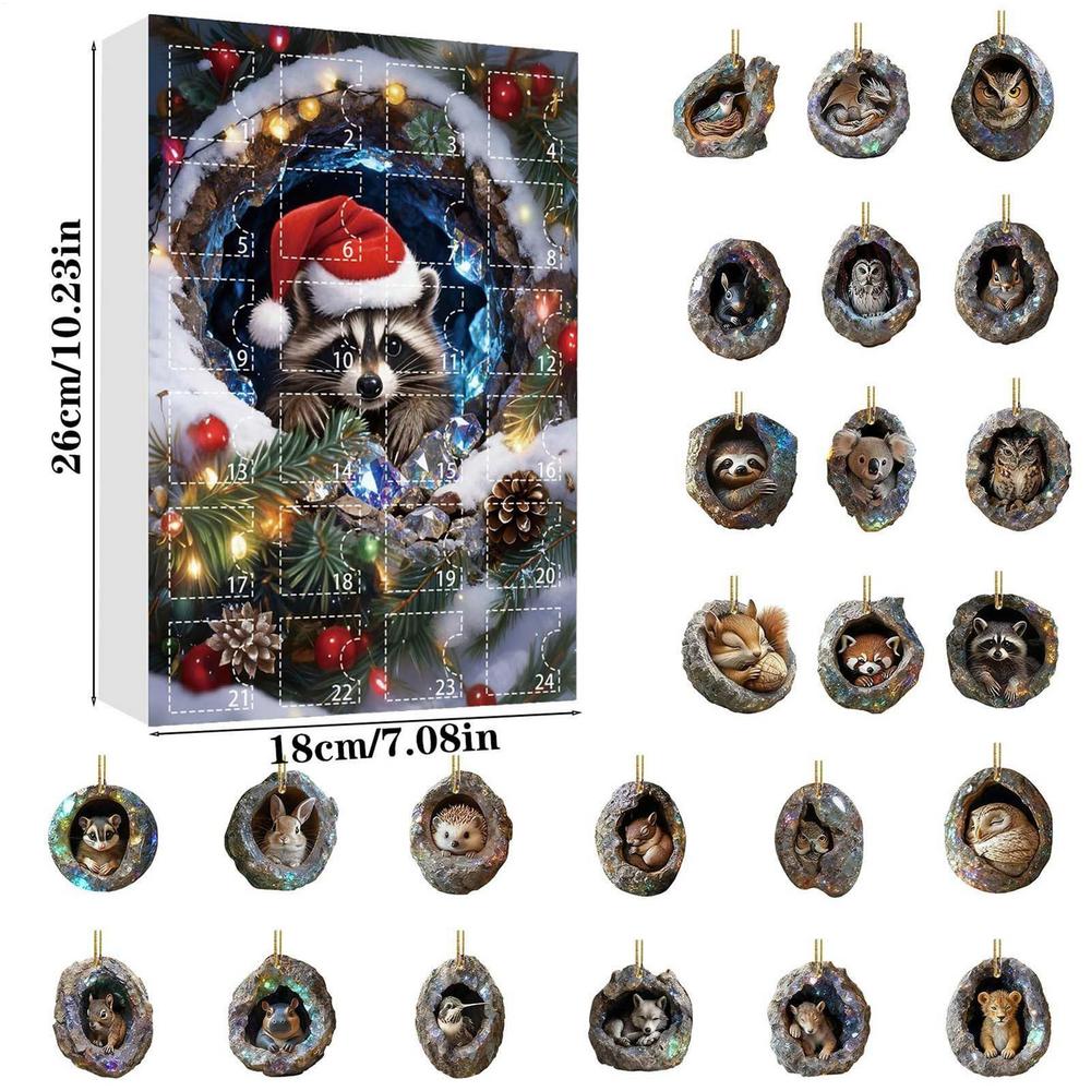 Animal Ornament Advent 2D Acrylic 24 Days Christmas Tree Hole Countdown Calendar Holiday Animal Pendant for Kids Boys Girls