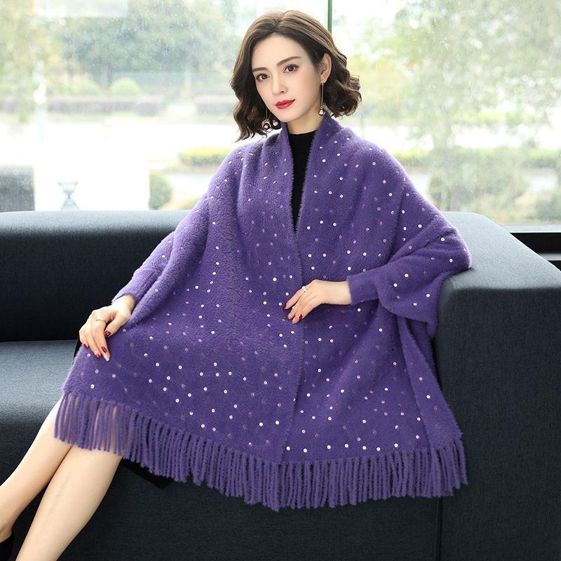 

Женская шаль-куртка из норки на осень и зиму с рукавами, вязаный свитер, накидка, плащ фиолетовый