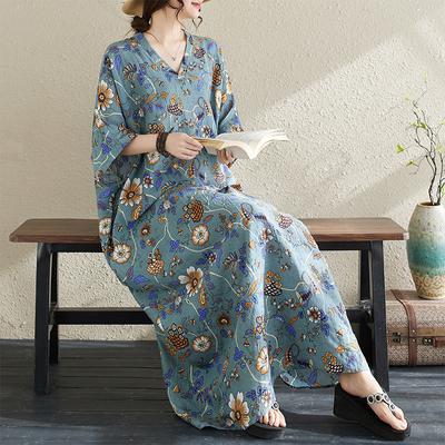Plus Size Summer Long Dress Beach Women V-Neck Floral Print Holiday Soft Linen Loose Maxi Dresses