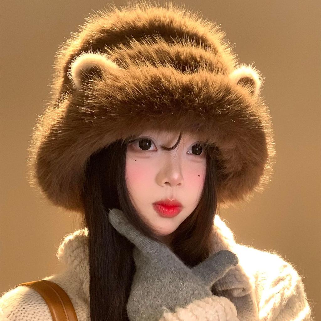 Cute Cat Ears Bucket Hat Women's Winter New Cold and Warm Plush Hat Big Head Circumference Basin Hat