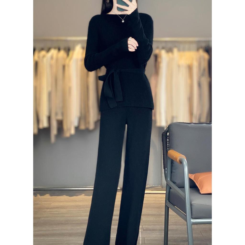 Chic Autumn/Winter Cashmere Two-Piece Set: Women's Loose Knit Sweater & Wide-Leg Tie-Waist Pants