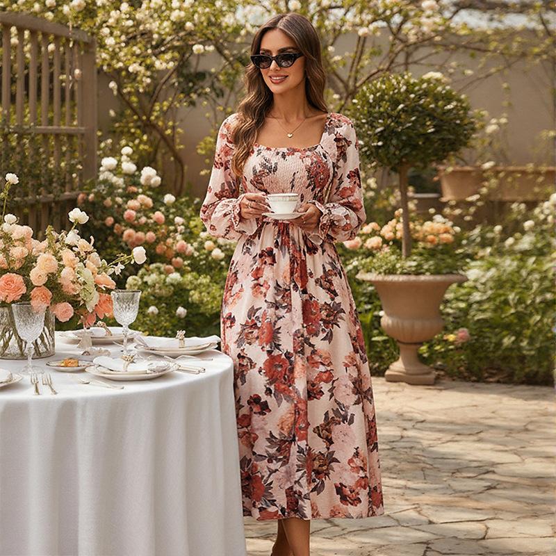 Autumn new women s clothing retro style elegant square neck printed long dress dress S