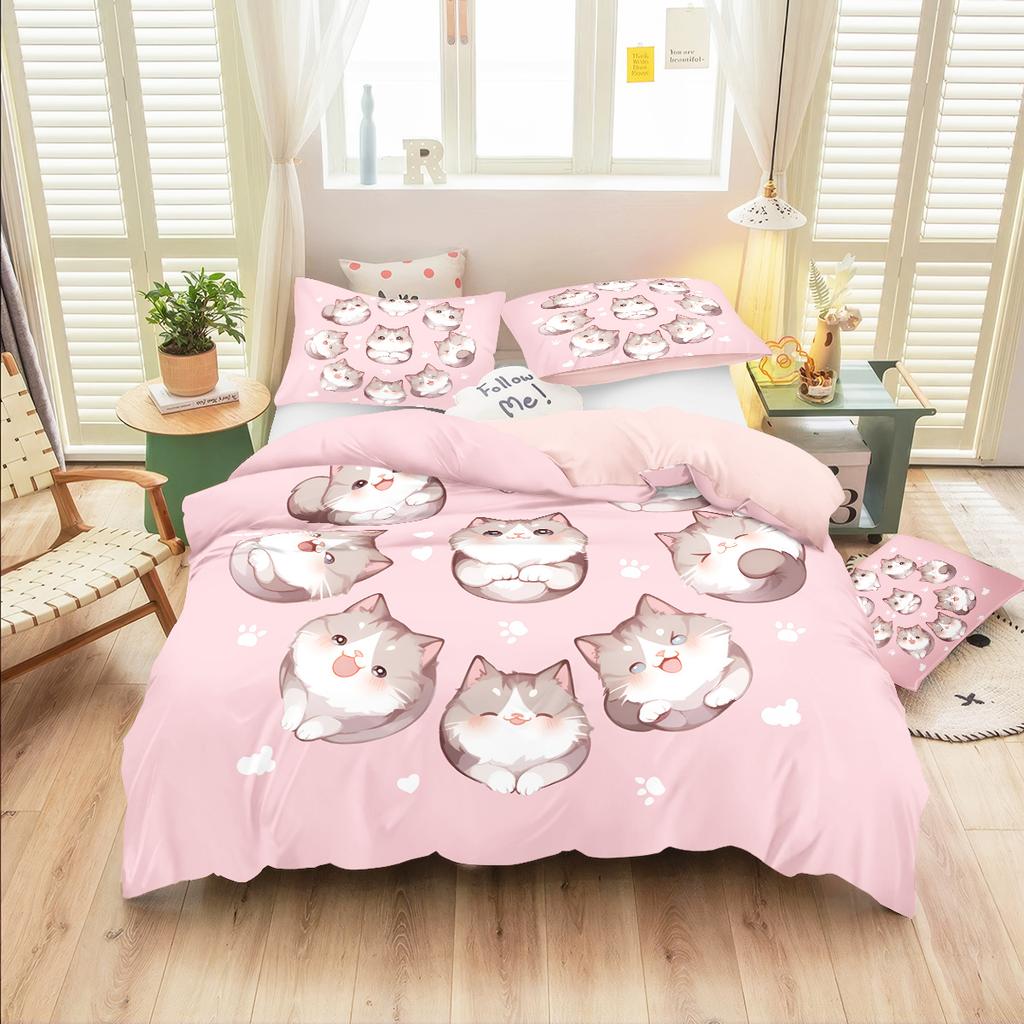 3Pcs (1 Duvet Cover 2 Pillowcases Coreless) Pink Cute Cartoon Cat Element Printed Bedding Set Soft And Comfortable