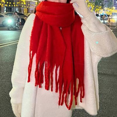 30*190cm Red Solid Color Thick Warm Winter Scarf Women New Year Blanket Pashmina Shawl Wraps Bufanda Female Tassel Foulard