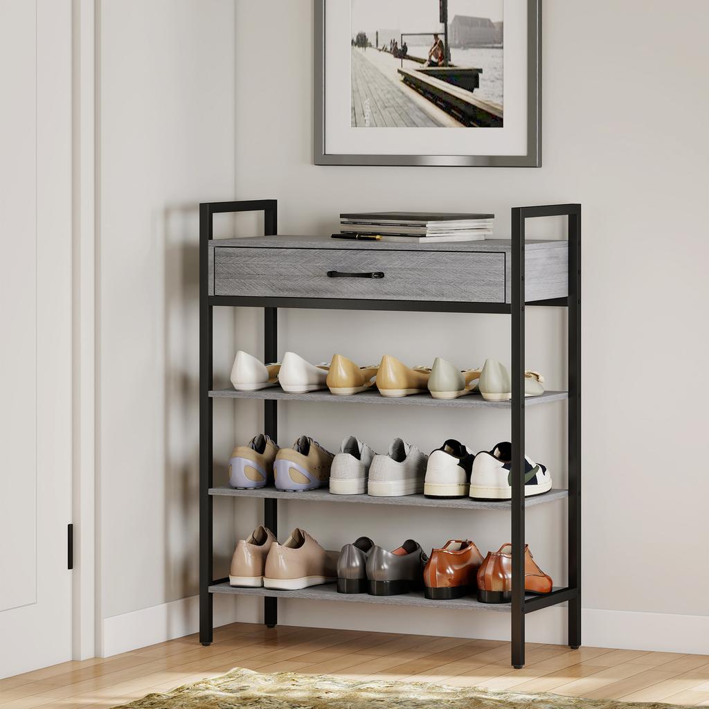 4-Tier Shoe Rack, Hallway Shelf for Up To 9 Pairs of Shoes, Particleboard, Metal, Grey