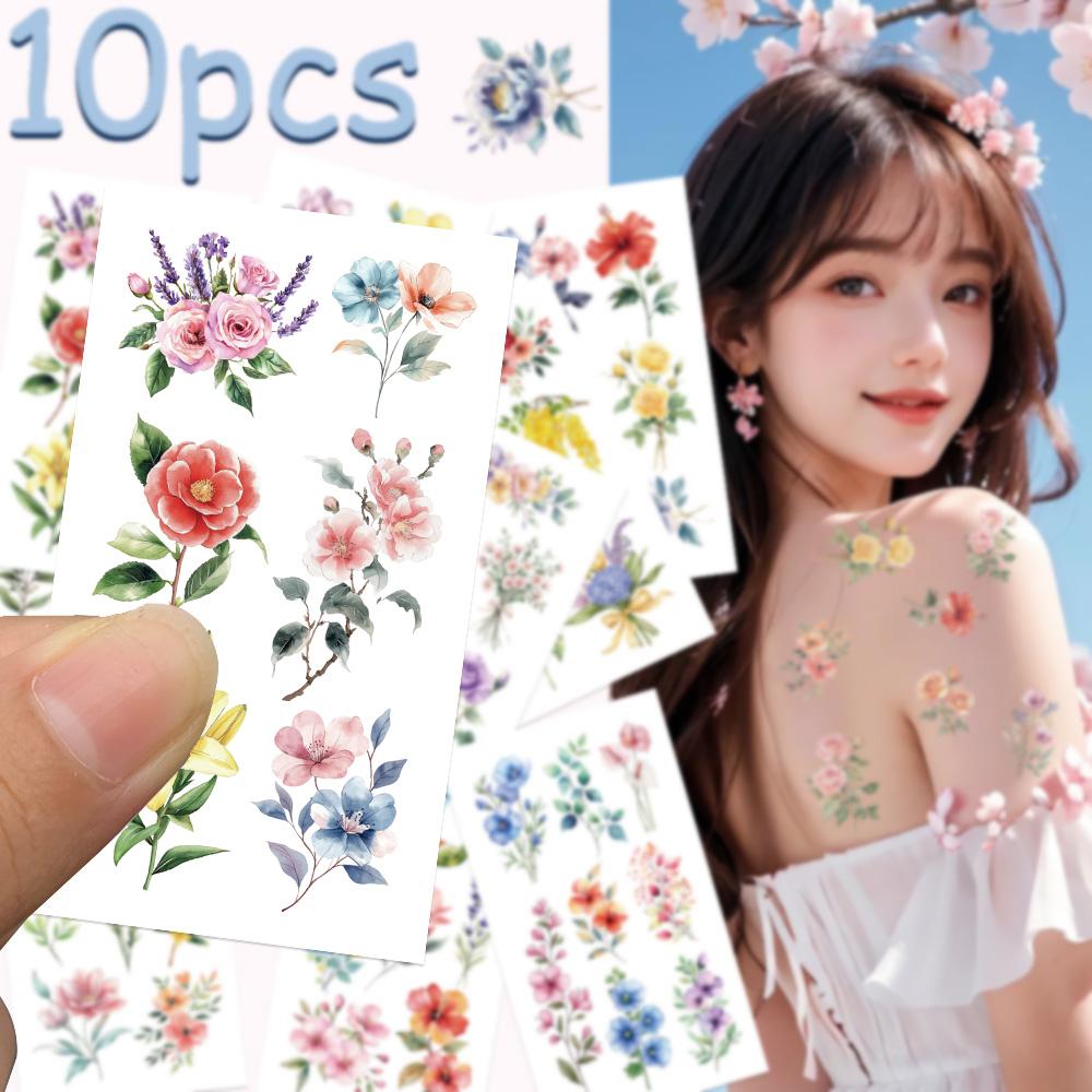 10sheets Flowers Rose Peony Lily Tattoo Stickers For Face Arm Body Temporary Waterproof Tattoo Stickers Kids Creative Gifts