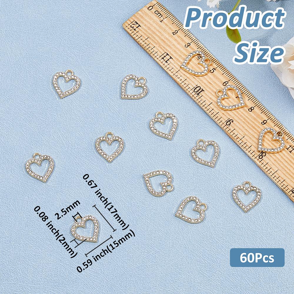 60Pcs Alloy Charms with Rhinestone Cadmium Free & Lead Free Heart Light Gold 17x15x2mm Hole: 2.5mm