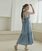 Belrma Sky Linen Back-Open Ribbon Halterneck Dress