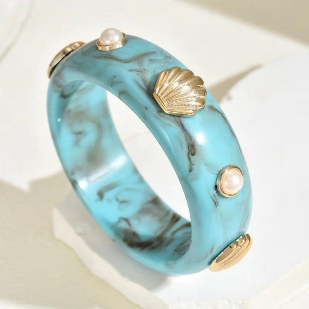 Round Bohemian Bangle Wide Chunky Wrap Wristbands Resin Pearl Shell Bracelet  Girls