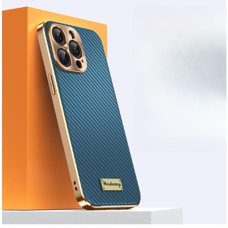 Suitable for Apple 16promax Phone Case, Carbon Fiber Texture Iphone15 Anti-drop 14 Business 13 Electroplated Leather Case