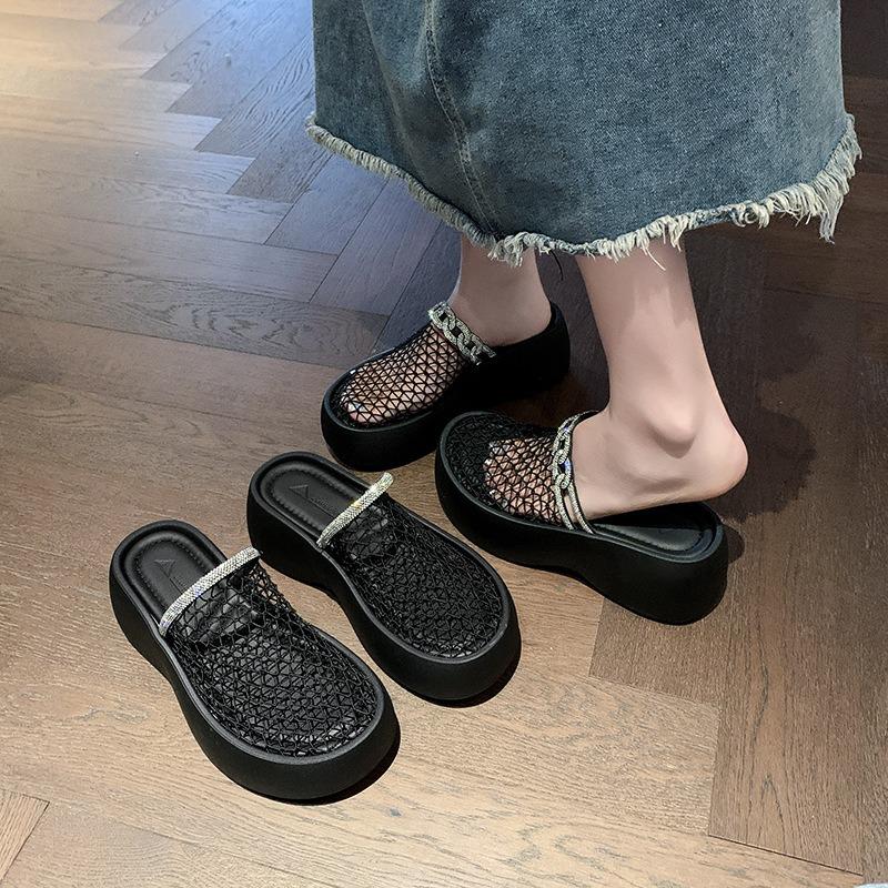 New Woven Mesh Breathable Diamond Strip Flat Bottom Outer Wear Bag Head Slippers Women's Summer Tide Fishing Net Shoes Half Slippers