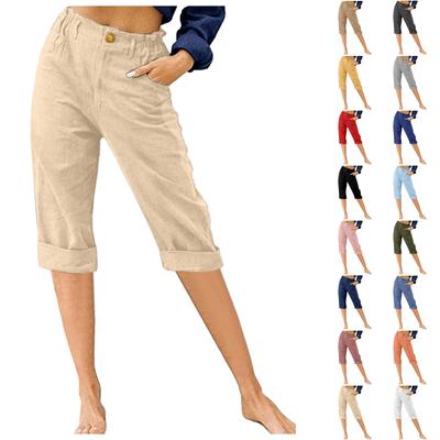 Pantalones Capri Casuales de Algodón Lino para Mujer, Pierna Recta, Puño en el Dobladillo, Cintura Alta Elástica, Pantalones Cortos