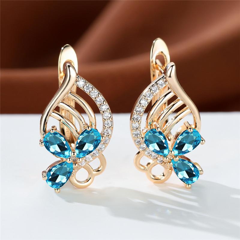 Aqua Blue Zircon Flower Crystal Green Red Stone Hoop Earrings Rose Gold Color Wedding Bridal For Women
