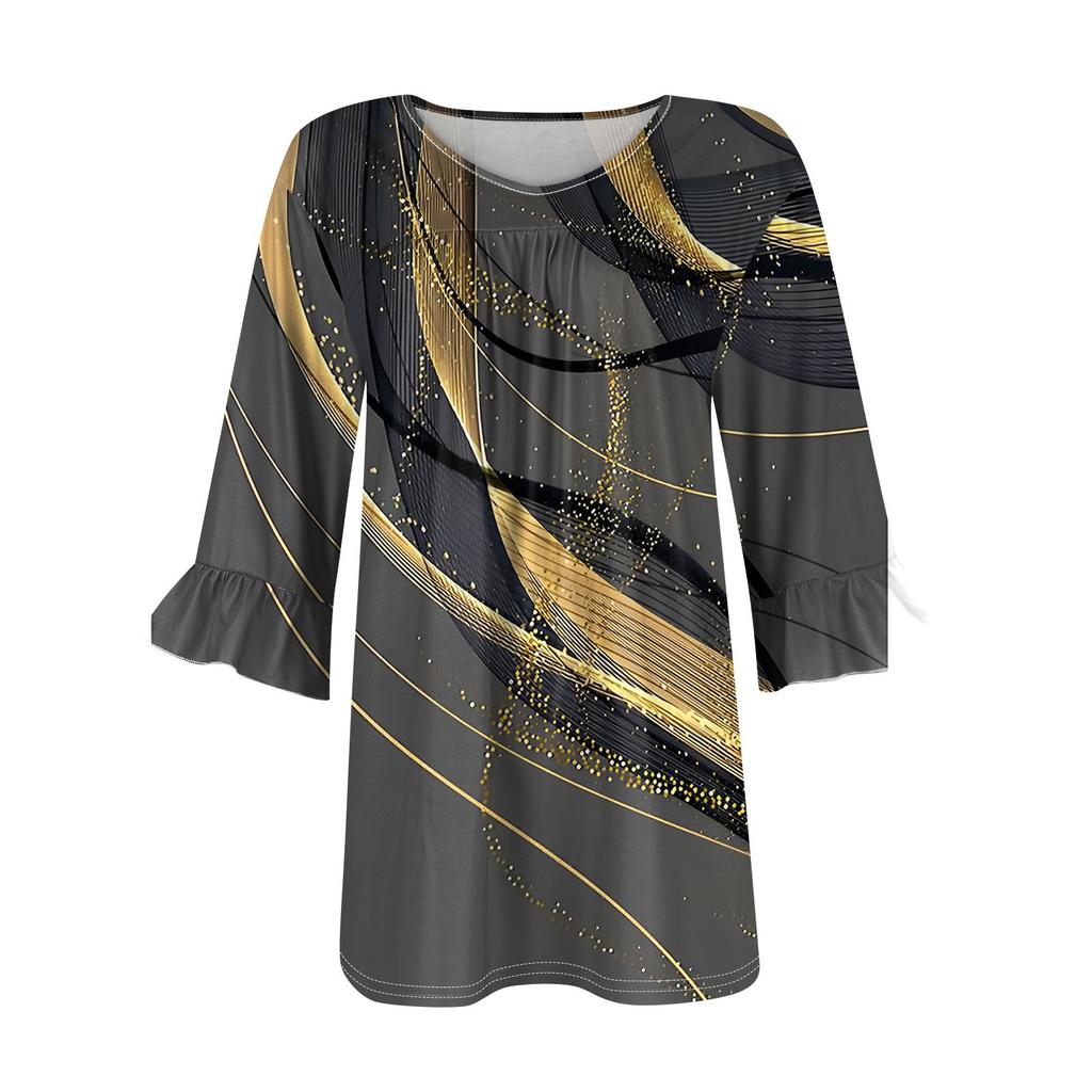 Women's Fashion Casual  Printed V-Neck Pleated Seven Minute Sleeve Ruffle Sleeve T-Shirt Plus Size Tops