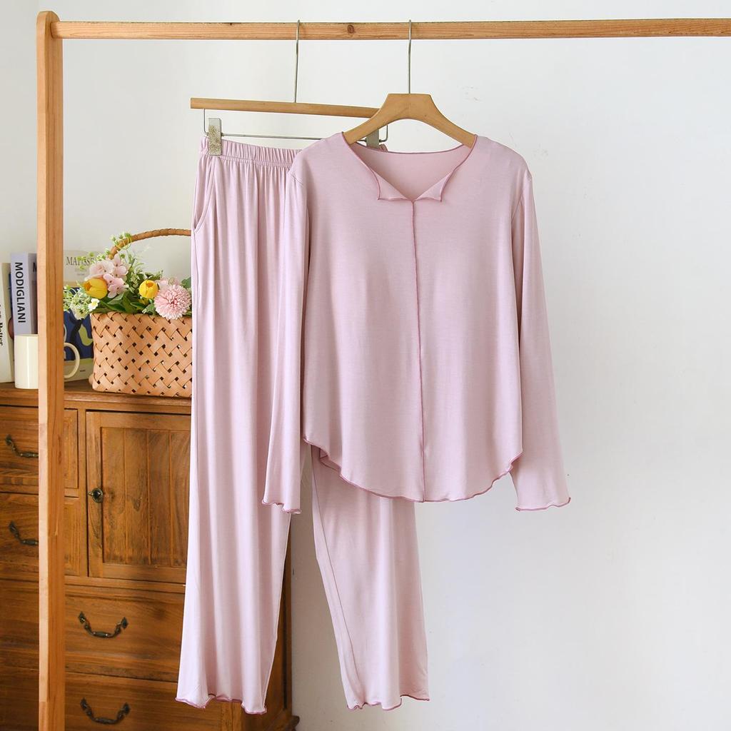 Women's Spring/Autumn Modal Pajama Set: Padded Cup, Long Sleeve, Long Pants, Side Pocket, Loose Fit - Wear Indoors or Out.