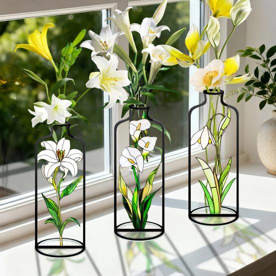 4 Pcs Wire Flower Vases Hollow Desktop Planter with Stained Glass Floral Design Hydroponic Propagation Station Flower Holder for Home Wedding Decor