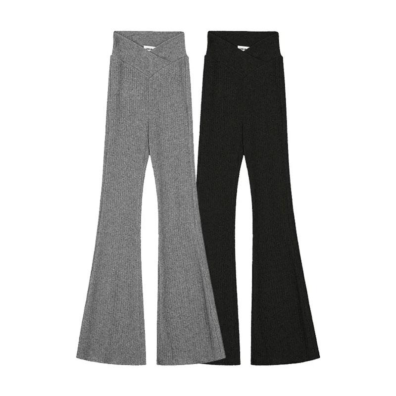 Y2K Vintage Gray Flare Kalhoty Úzké ženy Korejská móda Základní černé Legíny s rozšířeným vzorem Harajuku Retro Ležérní Pletené tepláky
