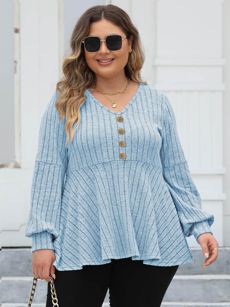 Women's Doll Shirt V-neck Pit Strip Lantern Sleeve T-shirt Gold Button Splicing Casual Versatile Top