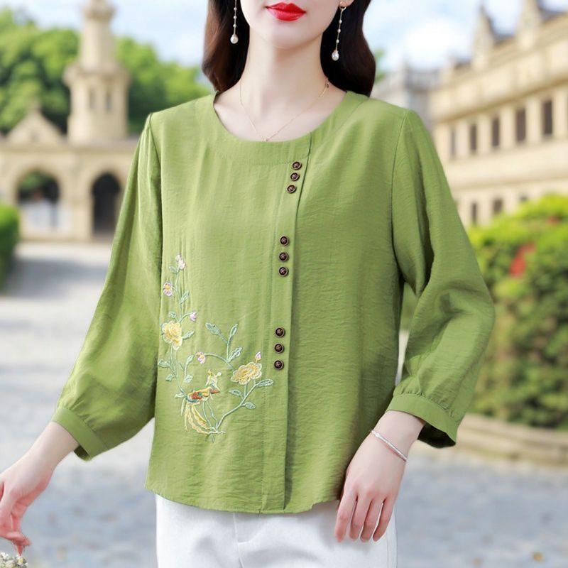 Spring Summer New Women Fashion Casual Office 3/4 Sleeve Embroidery Cotton Linen Big Plus Size Top T-Shirt L-5XL